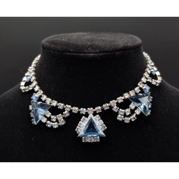 Vintage 1960s Blue Rhinestones Necklace & Bracelet Set With Triangular & Round S - Picture 2 of 5
